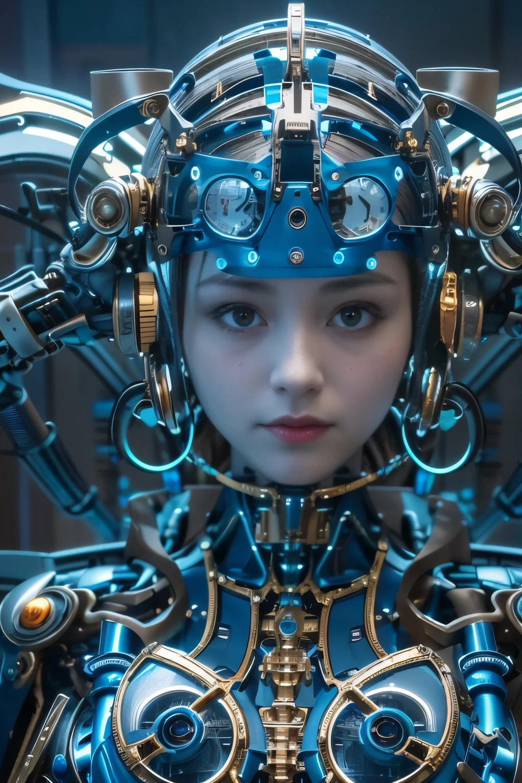 cyborgized Japanese woman, extremely ultra cute face, , skinny body, flat chest, (blue metallic mechanical frame:1.5), (Power cables connected throughout the body), detaile up, Instead of hair, there are cables growing out of it, mechanical fusion, mechanical skeleton, 、(Steampunk Battle Cyborg fallen angel)、large wings made of metal, bio mechanics, mechanical life-form,highest quality, masutepiece, Ultra High Resolution, ((Photorealistic: 1.4), Raw photo, 1 Cyberpunk Girl, Glossy skin, 1 Mechanical Girl, (super realistic details)), Mechanical limbs, Tubes connected to mechanical parts, Mechanical vertebrae (masterpiece, best quality:1.2), (8k uhd, 16k, 32k, ultra high res), (photorealistic:1.37), (RAW photo), ultimate-realistic, ultimate-realistic details, ultimate-realistic texture, ultimate-intricate details, ultimate-realistic lighting, ultimate-realistic shadow, japanese girl, ultimate-cute face, ultimate-RAW skin, ultimate-realistic eyes, attached to the spine, Mechanical cervical attachment to the neck, Wires and cables connecting to the head, Evangelion, Ghost in the Shell, Small glowing LED lamp, global lighting, Deep Shadows, Octane Rendering, 8K, ultrasharp, Metal, Intricate decoration details, Baroque style details, high intricate detailed, Realistic light, Trends in CG, Facing the camera, neon details, (android factory on background), Art by H.r. Giger and Alphonse Mucha.