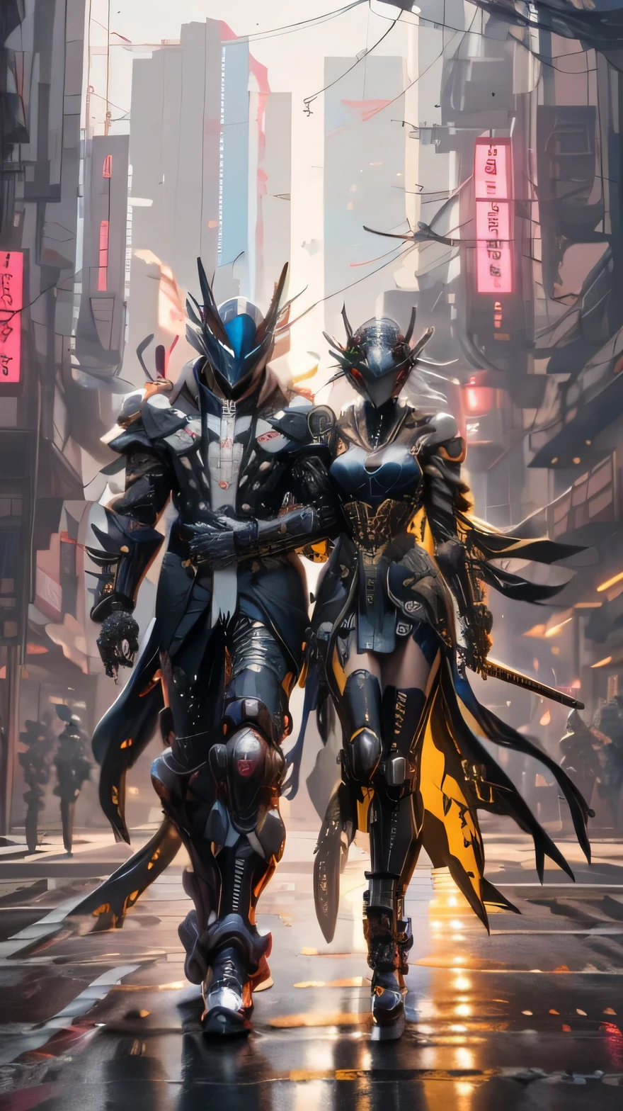 full body shot shot,There was a woman dressed in black and green,Perfect looks,Carrying a rucksack, cyberpunk face mask,Cyberpunk super long hair,cyberpunk streetwear, cyberpunk suit, cyberpunk street goon, Cyberpunk long cape,A cyberpunk extra-long mechanical tail is attached to the tail vertebrae,cyberpunk wearing, cyberpunk techwear, muted cyberpunk style, has cyberpunk style, cyber punk style, wearing cyberpunk streetwear, cyberpunk soldier, Hyper-realistic cyberpunk style, cyberpunk character design, all black cyberpunk clothes, Raven in cyber armor, Cyberpunk clothes.Two ninjas shinobis with a blade walks on the street, very beautiful cyberpunk samurai, cyberpunk samurai, street samurai, cyberpunk assassin, urban samurai, ominous assassin, neon samurai, epic ninja suit, cryptoblades, mask devil.demon samurai, all black cyberpunk suit, samurai jedi, cyberpunk hero, cgsociety 9, black samurai costume, surreal cyberpunk style, ninja costume.white hair. Walks.Walk on the road.Walking on the street is cool.carry the sword on his shoulder.ta demon.red suit.