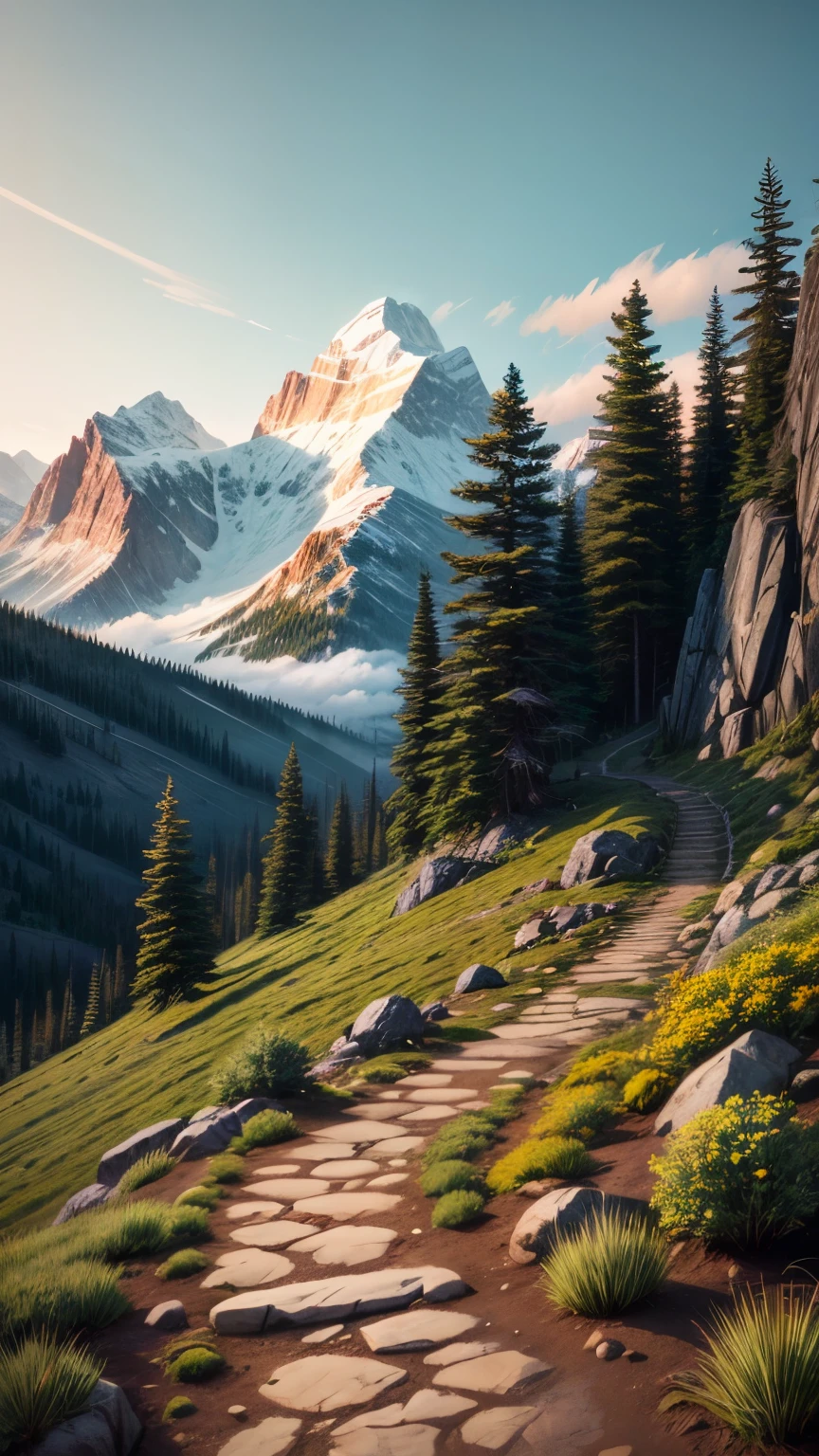 A steep, rocky mountain path with a small   plant bravely climbing upwards, surrounded by swirling mist.