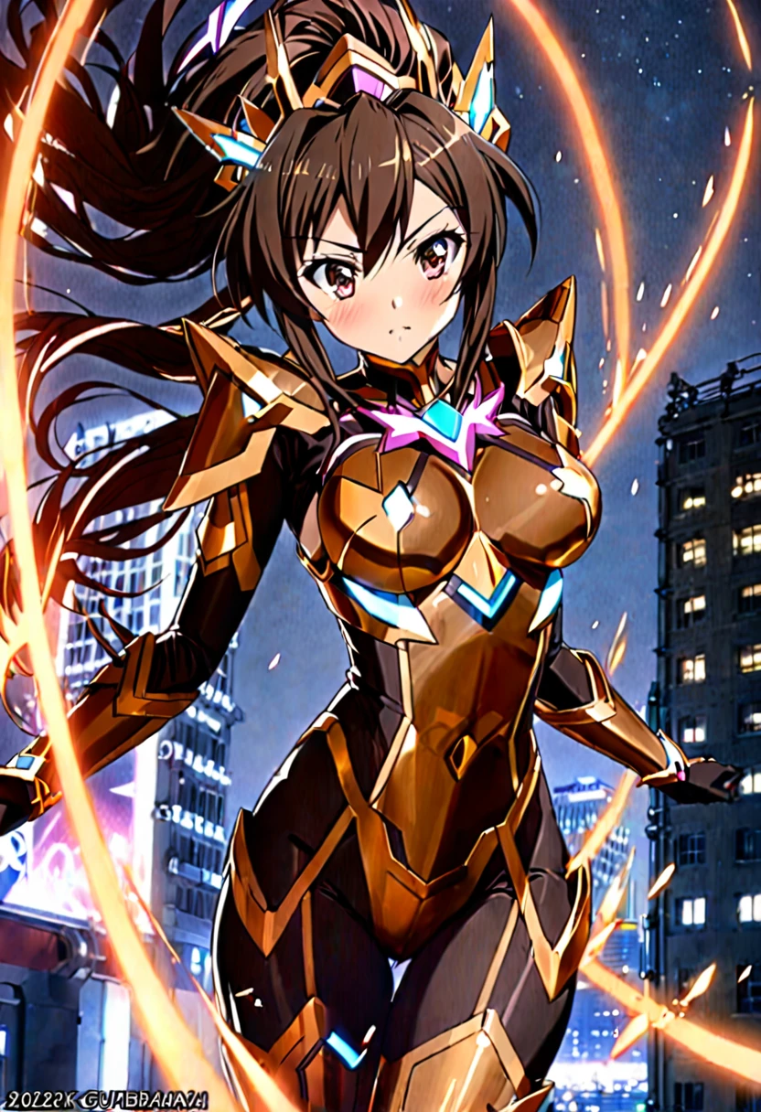 ((highest quality)), ((masterpiece)), (thatに慣れる), perfect face, Short black hair Japanese、The chest iscthat'in the cup、outstanding style、22 years old female。she、Gungnir from Senki Zesshou Symphogear、Tachibana Acquire the sound'Bronze armor。Flying faster than the speed of light over Tokyo。 The background is、Light of the building、night景の綺麗な街。night