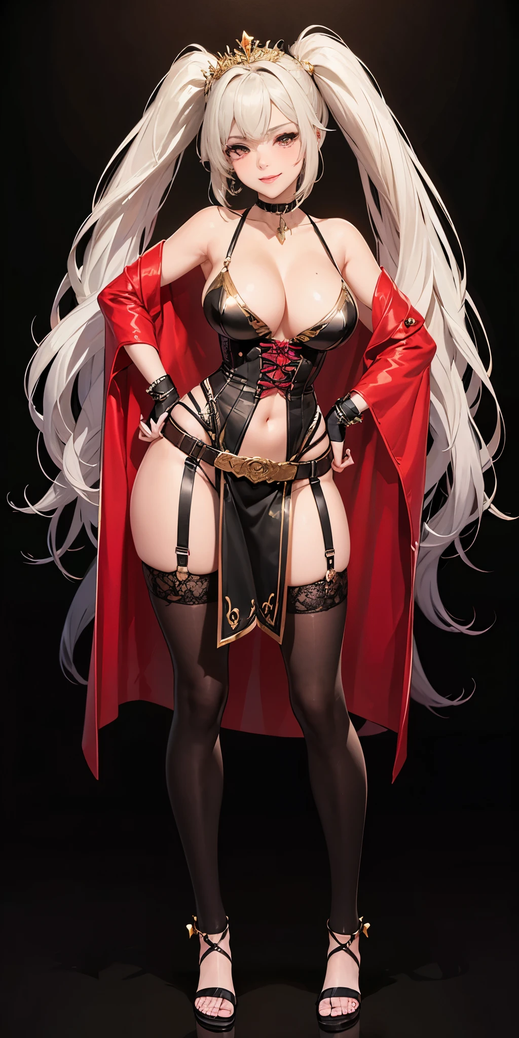 ((BLACK BACKGROUND,1:2, masterpiece)), full body MILF BIMBO standing with two long thighs and two metal sandals, red eyes, silver white hair, short bob style hair, big breasts, cleavage, separate sleeves, tiara royal, long cape up to two feet, yellow bikini, hands on waist, navel, lustful smirking smiling, smile face (red blushed, red cheeks), metal shoulders, gold sleeveless armbands, black leather choker slave collar, shackle bracelets, sex slave red crest, pauldrons, breastplate, corset, eye focus, full body, whole body. 1solo . slave fighter, loincloth standing, hands on hips, metal sandals, backpack, choker, big belt, view from below, feet together, bracers, tiara