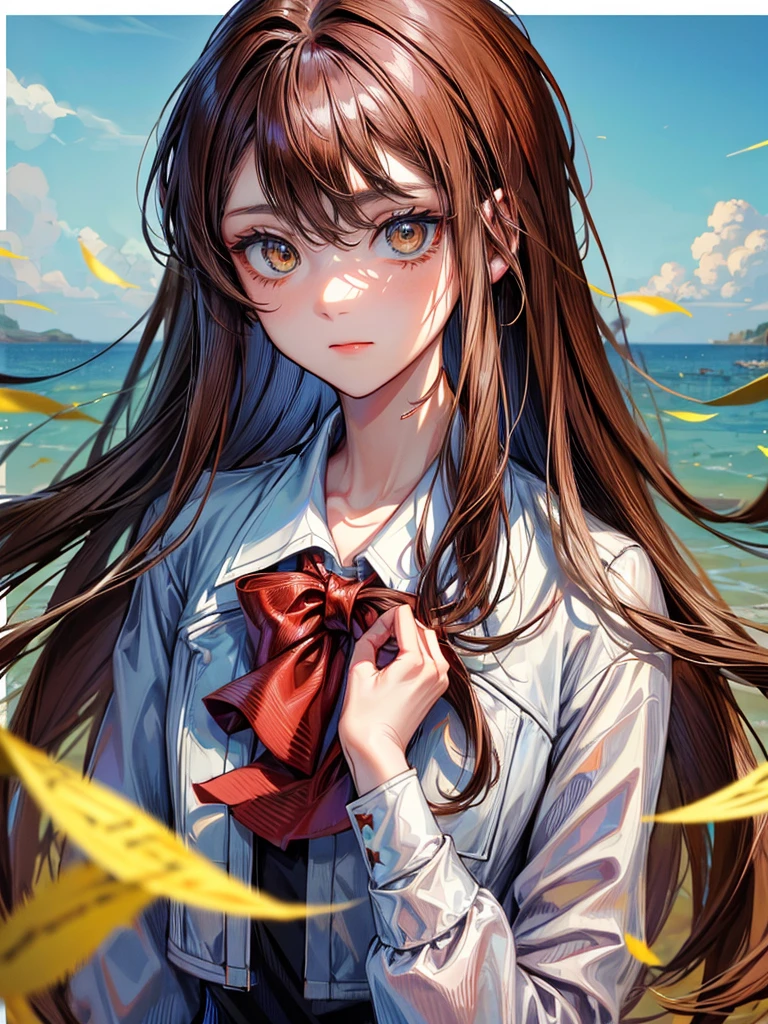 tenjouin asuka, 1girl, solo, long hair, looking at viewer, bangs, brown hair, shirt, bow, hair between eyes, brown eyes, closed mouth, jacket, white shirt, upper body, collared shirt, bowtie, blue bow, border, white jacket, wing collar, blue bowtie