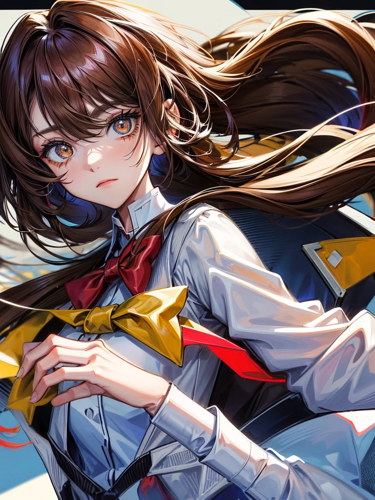tenjouin asuka, 1girl, solo, long hair, looking at viewer, bangs, brown hair, shirt, bow, hair between eyes, brown eyes, closed mouth, jacket, white shirt, upper body, collared shirt, bowtie, blue bow, border, white jacket, wing collar, blue bowtie