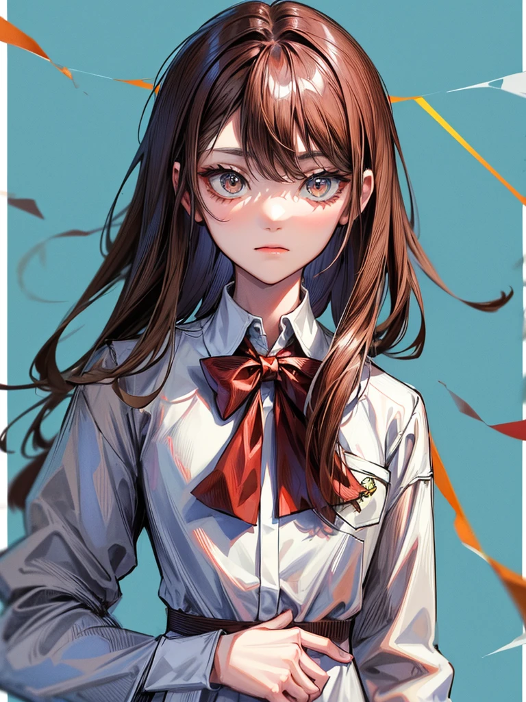 tenjouin asuka, 1girl, solo, long hair, looking at viewer, bangs, brown hair, shirt, bow, hair between eyes, brown eyes, closed mouth, jacket, white shirt, upper body, collared shirt, bowtie, blue bow, border, white jacket, wing collar, blue bowtie