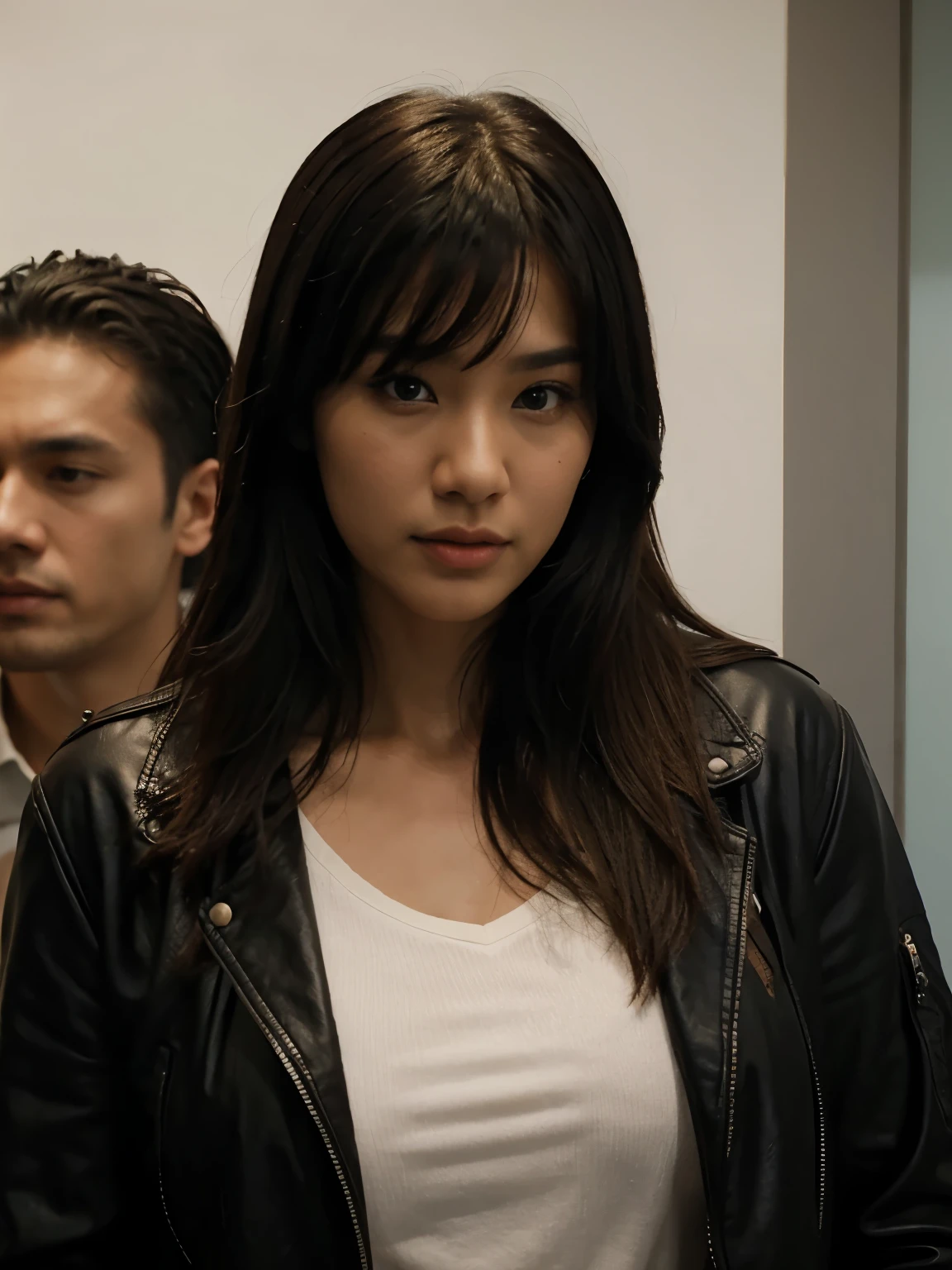 Inspired by Adam Dario Keel who is trending in the CG community, a handsome Indonesian man with black hair stands next to a beautiful young Korean woman with long blonde bangs covering her forehead, a man dressed in a shirt and a woman wearing a leather jacket. singer, movie screencap, model Eliza Hess from acquamodels. Black background
