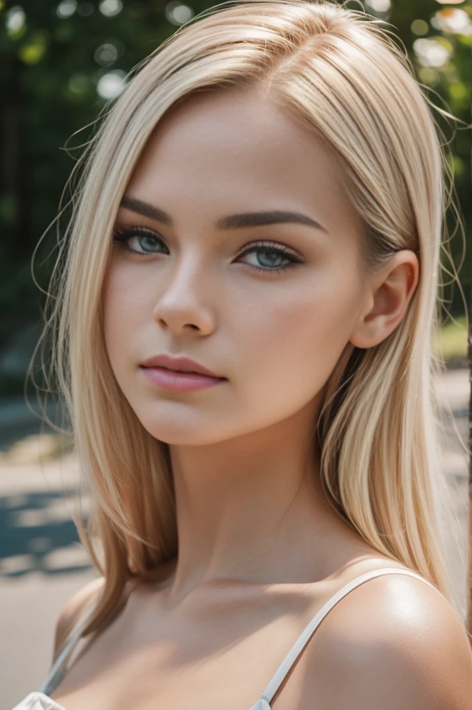 Realistic photo of a beautiful woman with a round face and high cheekbones, she has a cute button nose and small jaw, with large beautiful pale eyes, she has dark brows and white blonde hair, she has a compact strong body with beautiful legasterpiece), (photorealistic:1.4), RAW photo, best quality, high res, rich colors, backlight, bright sunlight, cinematic lighting, film grain, raw photo, 50mm lens, Nikon D850, warm colors