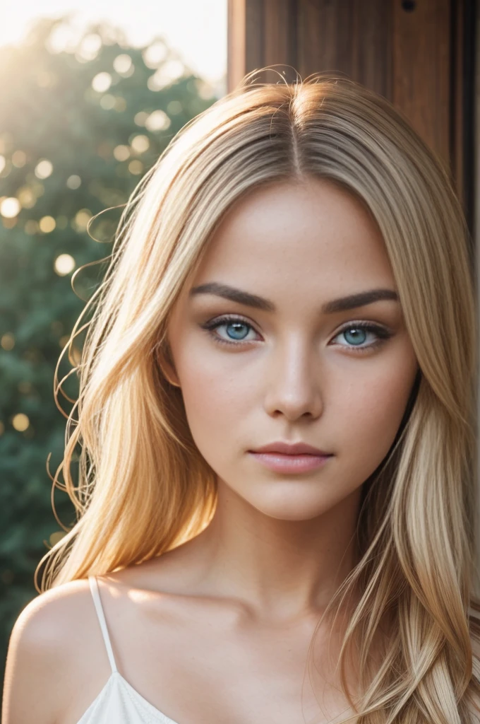 Realistic photo of a beautiful woman with a round face and high cheekbones, she has a cute button nose and small jaw, with large beautiful pale eyes, she has dark brows and white blonde hair, she has a compact strong body with beautiful legasterpiece), (photorealistic:1.4), RAW photo, best quality, high res, rich colors, backlight, bright sunlight, cinematic lighting, film grain, raw photo, 50mm lens, Nikon D850, warm colors