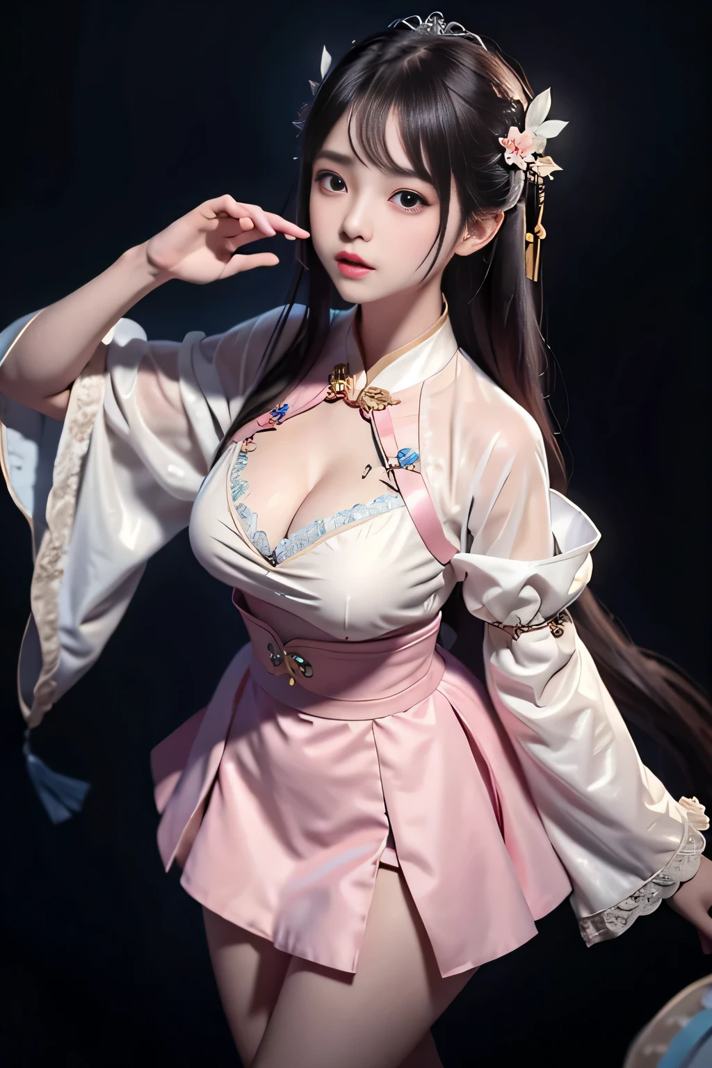 Wet-breasted Hanfu open V-chested clothes, All pictures, Wet body of thin silk fabric, Thin silk lace petticoat,princess 8 yeald old cute, (huge ,cleavage),petticoat, white pink, blue ,best qualtiy,tmasterpiece,ultra high resolution,(Realism:1.4),RAW photogr,(True skin texture:1.3),(filmgrain:1.3),(Selfie angle),1个Giant Breast Girl,Beautiful eye and face details,tmasterpiece,Best quality at best,exposing thighs,Bigchest,The chest is more exposed,short detailed hair,above looking down facing at camera,short dressPrincess Eyes,Super big eyes,Detailed face,shiny pupils, randome color short dress