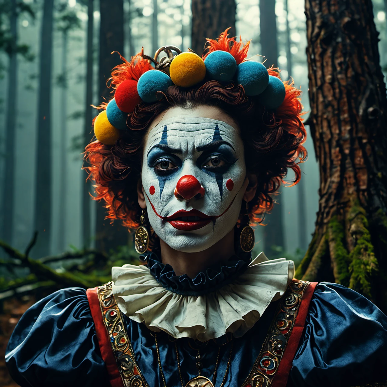 Commercial photography of a clown with mouth opened wide in a pine forest with a circus tent in the background and a camp fire (foggy:1.2), silhouetted in soft shadow, clown heads coming out of trees and popping out of the ground. (photograph:1.2) , uhd photorealisitc authentic psychotic angry madman wearing ornate clown costume and intricate voodoo makeup, shoulders, intricate details, vivid colors, frightening surroundings, correct details, in the style of amano, karol bak, akira toriyama, and greg rutkowski , perfect composition, beautiful detailed intricate insanely detailed octane render trending on artstation, 8 k artistic photography, photorealistic concept art, soft natural volumetric cinematic perfect light, chiaroscuro, award - winning photograph, masterpiece, oil on canvas, raphael, caravaggio, greg rutkowski, beeple, beksinski, giger, perfect composition, beautiful detailed intricate insanely detailed octane render trending on artstation, 8 k artistic photography, photorealistic concept art, soft natural volumetric cinematic perfect light, chiaroscuro, award - winning photograph, masterpiece, oil on canvas, raphael, caravaggio, greg rutkowski, beeple, beksinski, giger, (beautiful supermodel:1.1) resting her head on her hands detailed background bokeh