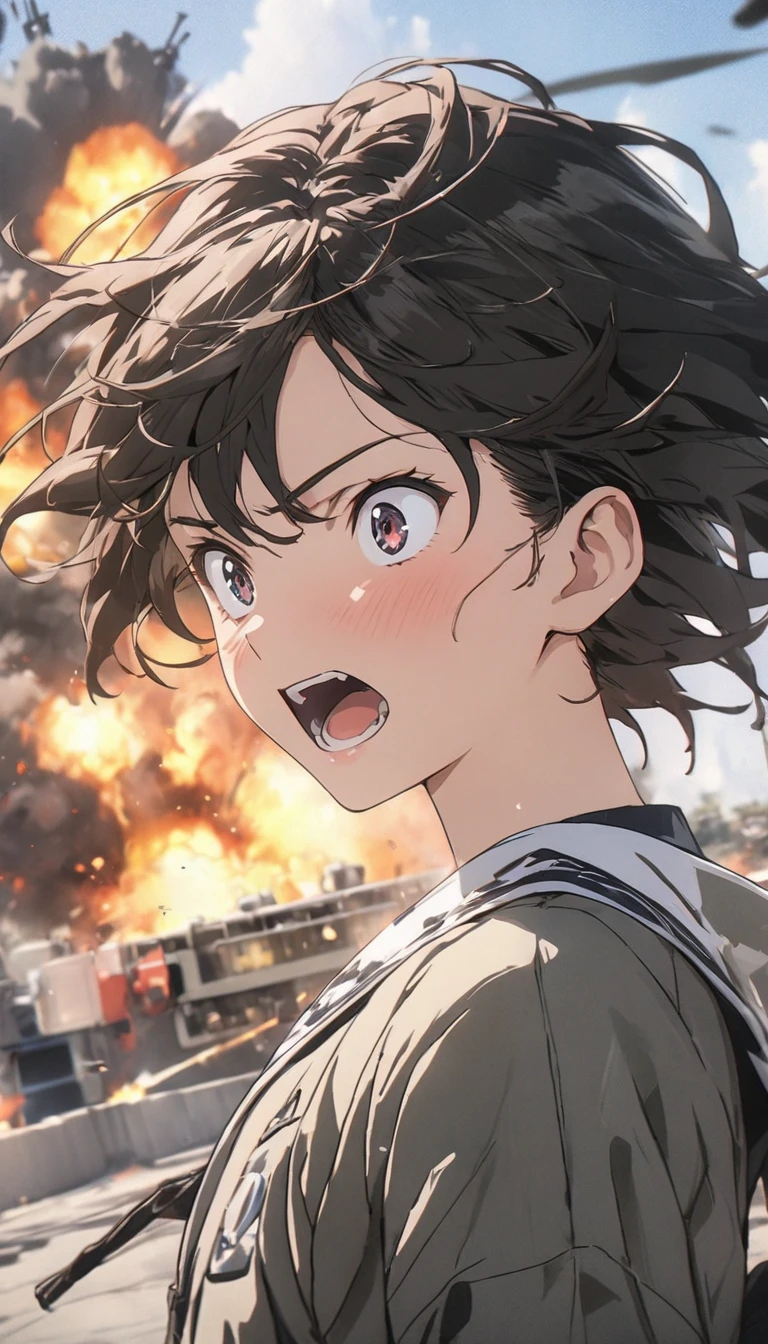 (最high quality、masterpiece、High resolution、detailed), BREAK,anime, 8K, high quality, 1 boy, alone, line drawing, surprised、Helicopter explodes in terrorist attack