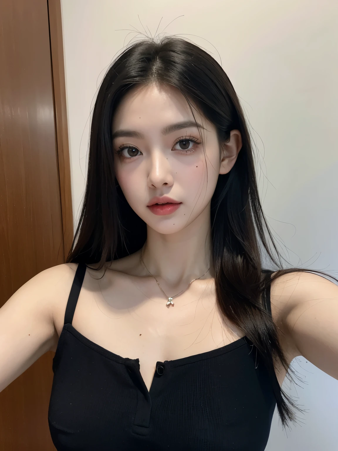 Kim jennie con el cabello negro oscuro, con rulos en las puntas del cabello negro oscuro, con un ganchito de estrella en el cabello negro oscuro, ojos de color claro, ojos bonitos, ojos llorosos, nariz bonita y respingada, labios bonitos, labios rosas, heart and cupid shaped lip, piel bonita, pale, piel blanca, con lunares y pecas en todo el rostro, rubor rosa suave en las mejilla, rubor rosa natural, maquillaje suave y rosa, jennie, cuellos bonito, cuello marcado, frown, mirada enojada, con un collar de beso, un collar bonito de beso, mientras tiene un traje de Yumeko Jabami, cospaly de Yumeko Jabami, mientras tiene una camisa blanca, con tiene un traje de color rojo encima de su camisa blanca, apretado a su cuerpo, con una falta negra corta mientras tiene el abdomen desnudo, delgado, marcado y bonito, (pechos grandes, pechos suaves, pechos bonitos, pechos naturales), mientras esta haciendo cospaly del personaje Yumeko Jabami, del anime Kakegurui, mirando a la camara, autofoto, selfie bonita