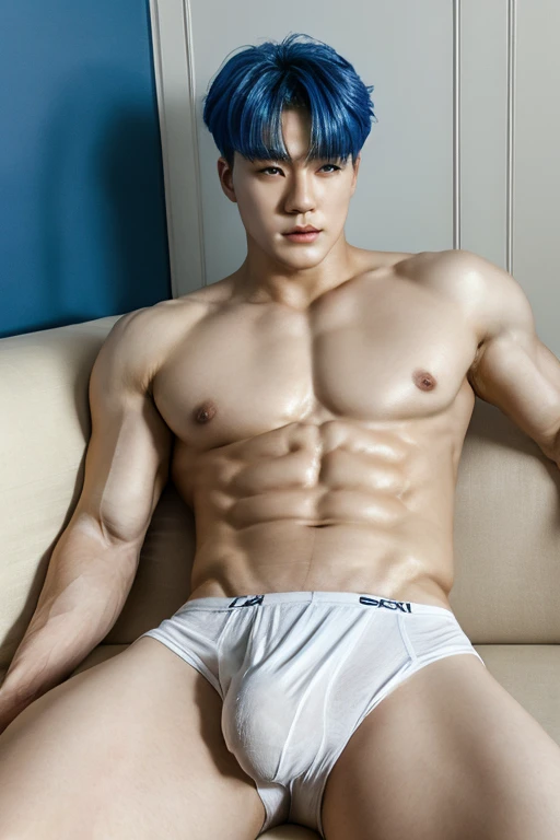 blue haired, Korean ager, topless, muscular body, building body, handsome, full body, huge bulge in white short underwear, laying down on sofa, lean back, horney face, oily skin, white skin, body hairless, looking viewer, very sexy, dynamic view, photograph, realistic, big Chest muscles, hard big dick in underwear