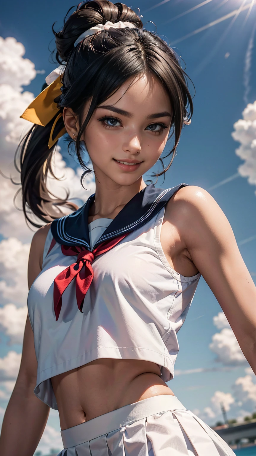 (最high quality, 8K, masterpiece: 1.3, Ultra HD, high quality, 最high quality, High resolution, realism)) 、slender、slenderだがアスリートのような細マッチョ、I don't want my head to disappear from the screen.、inner color((colored inner hair))、Smile((smile))、black hair((black hair))、black eye、Summer Clothes((white))Wear a sailor uniform、Navel visible、Wear a navy blue pleated skirt、white靴下履く、Three-ply chignon((triple bun))、summer blue sky、There is a contrail between the clouds、Low-angle perspective、Lush、front ponytail((front ponytail))、Under the shade