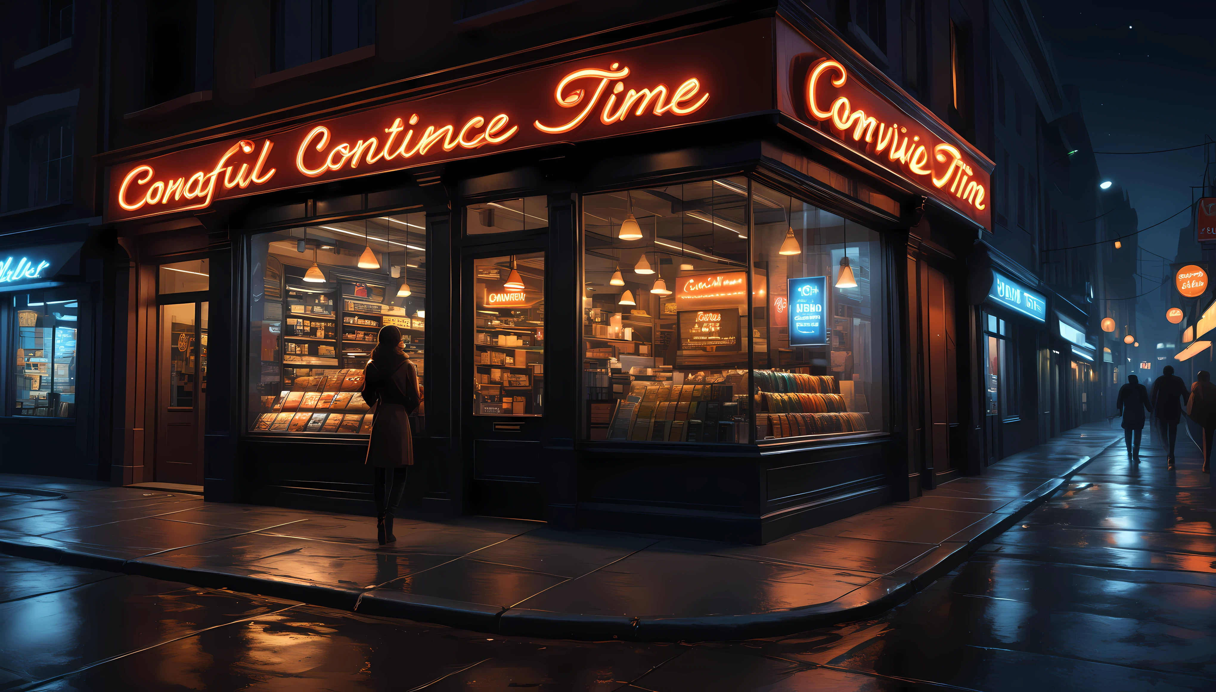 ((Masterpiece in maximum 16K resolution):1.6), ((vector cartoon illustration:)1.5), ((Vector art):1.4), ((Wide angle painting):1.2), ((Vectorized):1.2) | ((Vector art of a Beautiful female in front of a Convienence store during midnight hour:1.5), (Convienence store front), ((Midnight time):1.6), (Neon lights), ((sense of loneliness):1.1), (shimmer), (visual experience), (Realism), (Realistic), award-winning graphics, dark shot, film grain, extremely detailed, Digital Art, rtx, Unreal Engine, scene concept anti glare effect, All captured with sharp focus. Rendered in ultra-high definition with UHD and retina quality, this masterpiece ensures anatomical correctness and textured skin with super detail. With a focus on high quality and accuracy, this award-winning portrayal captures every nuance in stunning 16k resolution, immersing viewers in its lifelike depiction. Avoid extreme angles or exaggerated expressions to maintain realism. ((perfect_composition, perfect_design, perfect_layout, perfect_detail, ultra_detailed)), ((enhance_all, fix_everything)), More Detail, Enhance. 