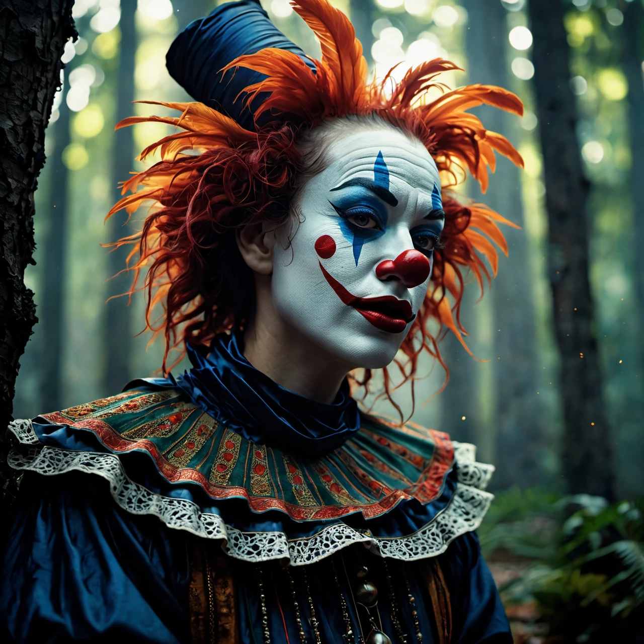 Commercial photography of a clown with mouth opened wide in a pine forest with a circus tent in the background and a camp fire (foggy:1.2), silhouetted in soft shadow, clowns hiding behind trees peaking their heads out to spy on us. (photograph:1.2) , uhd photorealisitc authentic psychotic angry madman wearing ornate clown costume and intricate voodoo makeup, shoulders, intricate details, vivid colors, frightening surroundings, correct details, in the style of amano, karol bak, akira toriyama, and greg rutkowski , perfect composition, beautiful detailed intricate insanely detailed octane render trending on artstation, 8 k artistic photography, photorealistic concept art, soft natural volumetric cinematic perfect light, chiaroscuro, award - winning photograph, masterpiece, oil on canvas, raphael, caravaggio, greg rutkowski, beeple, beksinski, giger, perfect composition, beautiful detailed intricate insanely detailed octane render trending on artstation, 8 k artistic photography, photorealistic concept art, soft natural volumetric cinematic perfect light, chiaroscuro, award - winning photograph, masterpiece, oil on canvas, raphael, caravaggio, greg rutkowski, beeple, beksinski, giger, (beautiful supermodel:1.1) resting her head on her hands detailed background bokeh