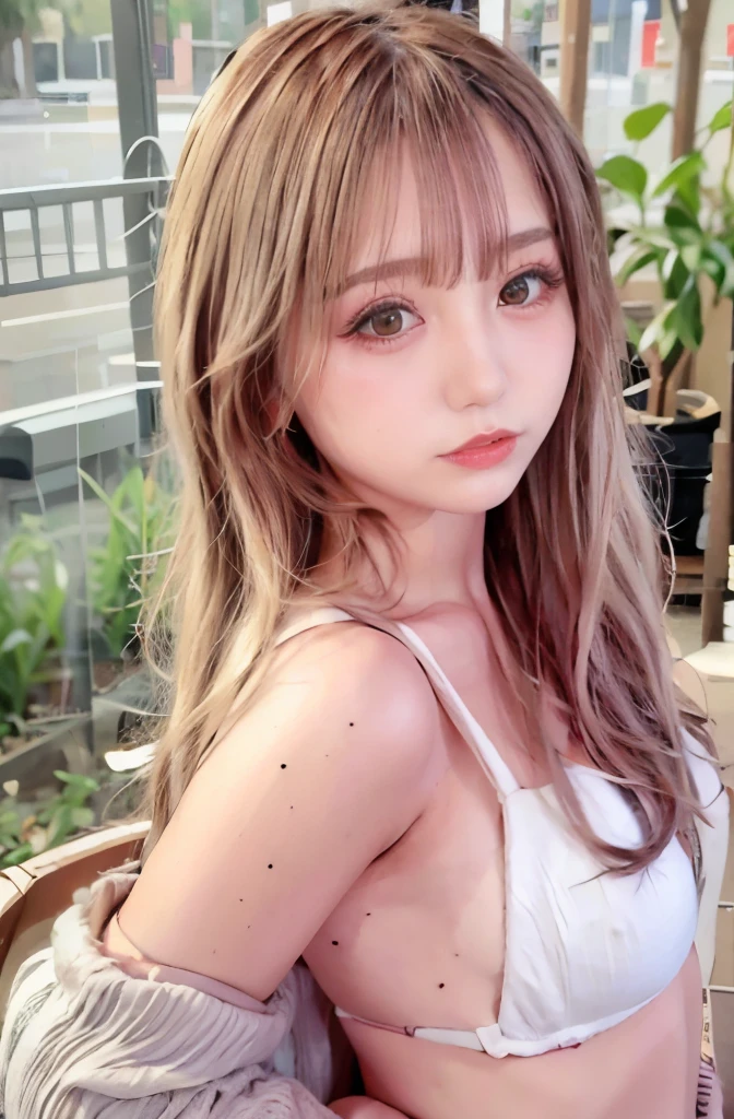 red eyeshadow, fluffy long hair, messy hair, (highest quality,4k,8K,High resolution,masterpiece:1.2),Beautiful woman,16 years old,bikini,35mm lens,f/1,cowboy shot,big breasts,middle hair、No bangs,seductive pose,soft sunlight,Bright colors,playful expression