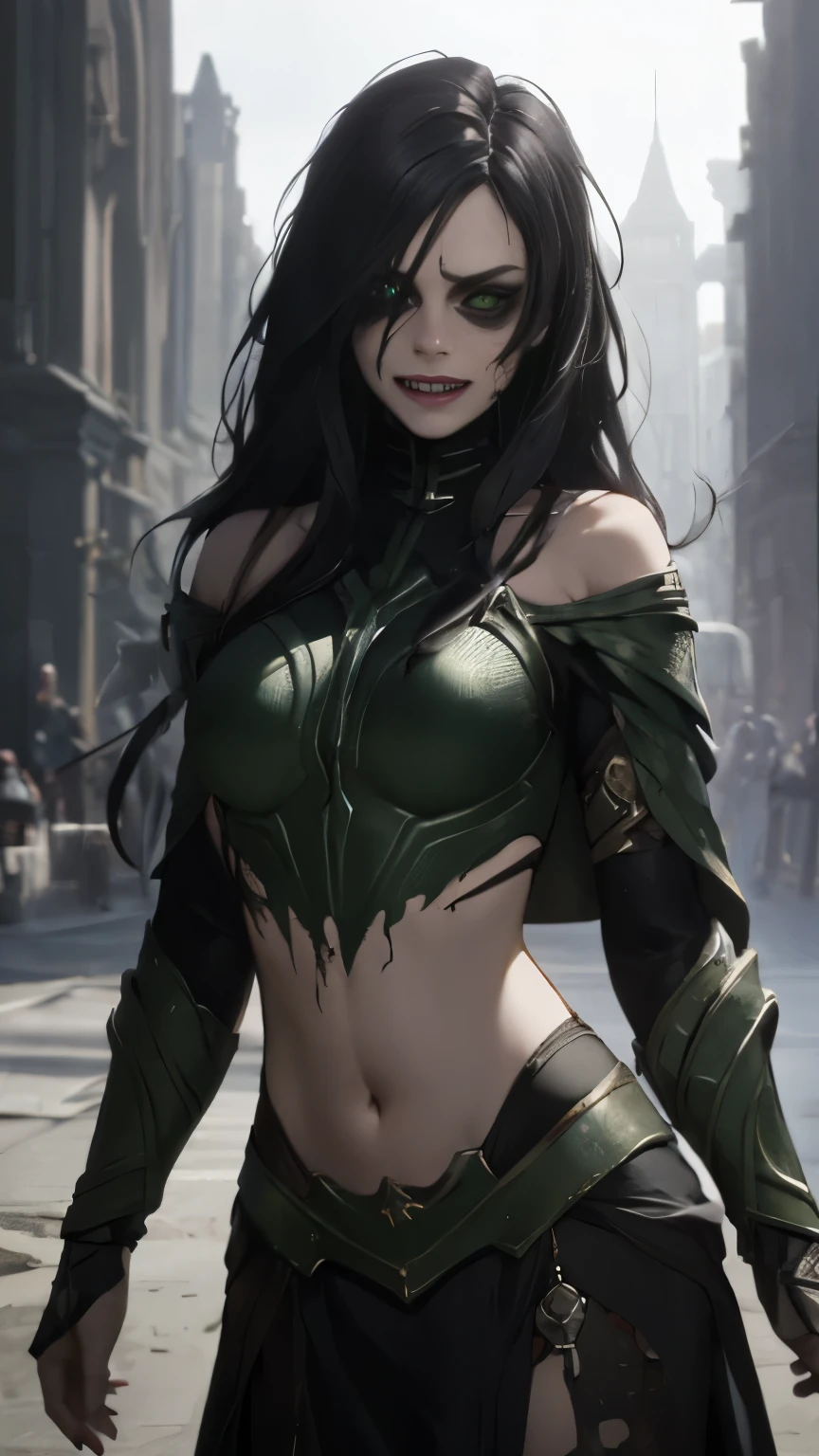 (Highly quality, masterpiece, detailed), undead city detailed scenario, undead city detailed background, 1girl, black hair, long hair, armor, bare shoulders, green eyes, evil silme, navel, perfect face, beautiful eyes, look at the viewer, Sexy pose