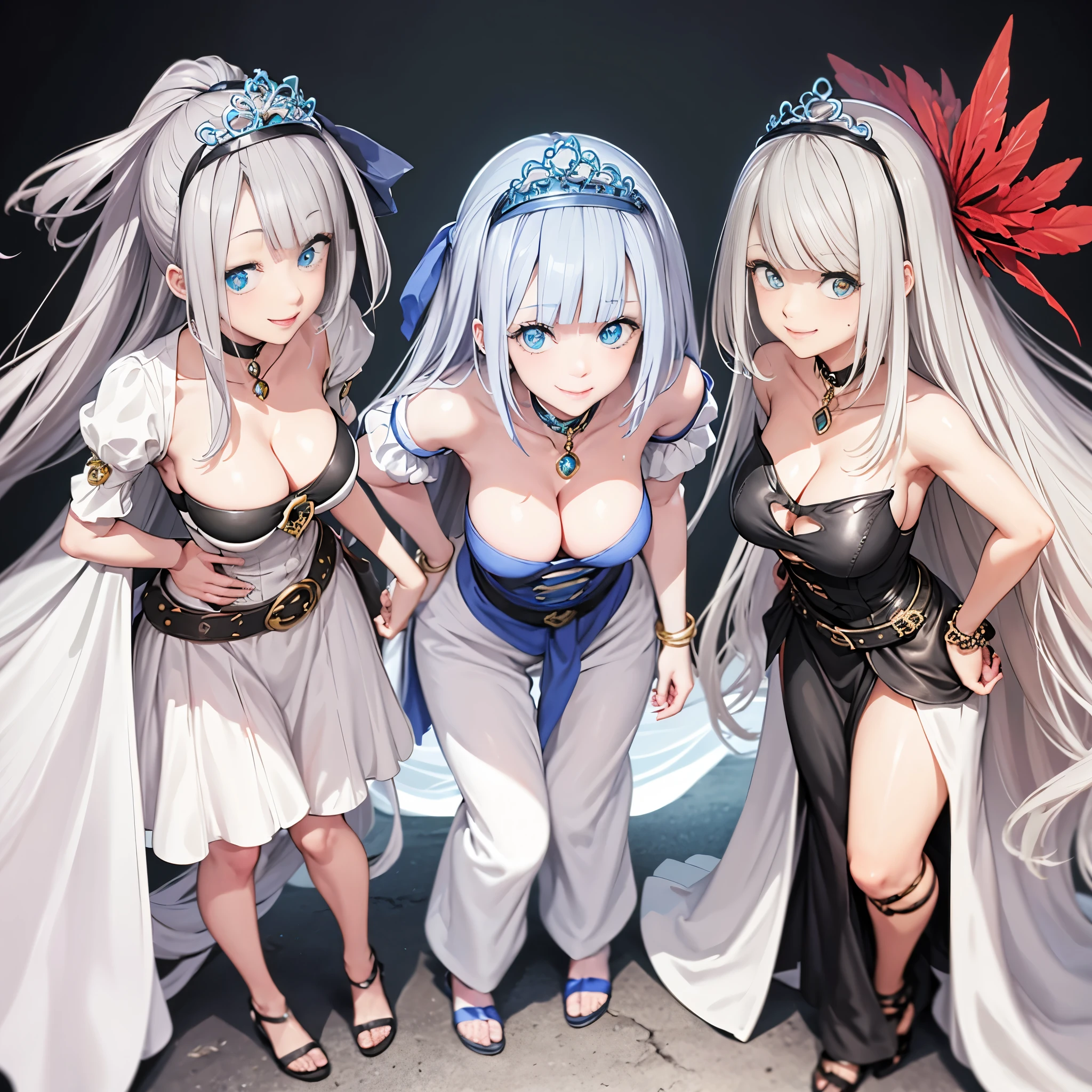 ((BLACK BACKGROUND,1:2, masterpiece)), full body MILF BIMBO standing with two long thighs and two metal sandals, red eyes, silver white hair, short bob style hair, big breasts, cleavage, separate sleeves, tiara royal, long cape up to two feet, yellow bikini, hands on waist, navel, lustful smirking smiling, smile face (red blushed, red cheeks), metal shoulders, gold sleeveless armbands, black leather choker slave collar, shackle bracelets, sex slave red crest, pauldrons, breastplate, corset, eye focus, full body, whole body. 1solo . slave fighter, loincloth standing, hands on hips, metal sandals, backpack, choker, big belt, view from below, feet together, bracers, tiara