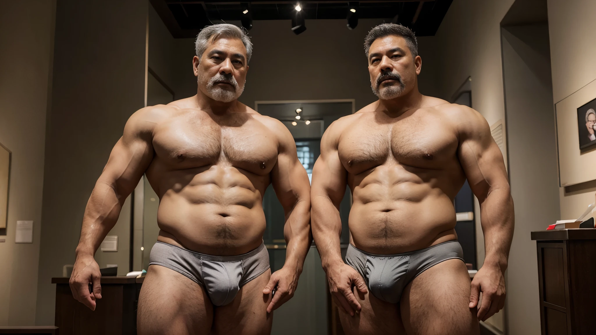 2 Vietnamese grandfathers with gray hair, mature face, a thick gray mustache, a short gray chin beard, bear body, wearing a massive bulging gray jockstraps stand in museum, have belly, big muscular chest, a sexy pose, show underwear.
