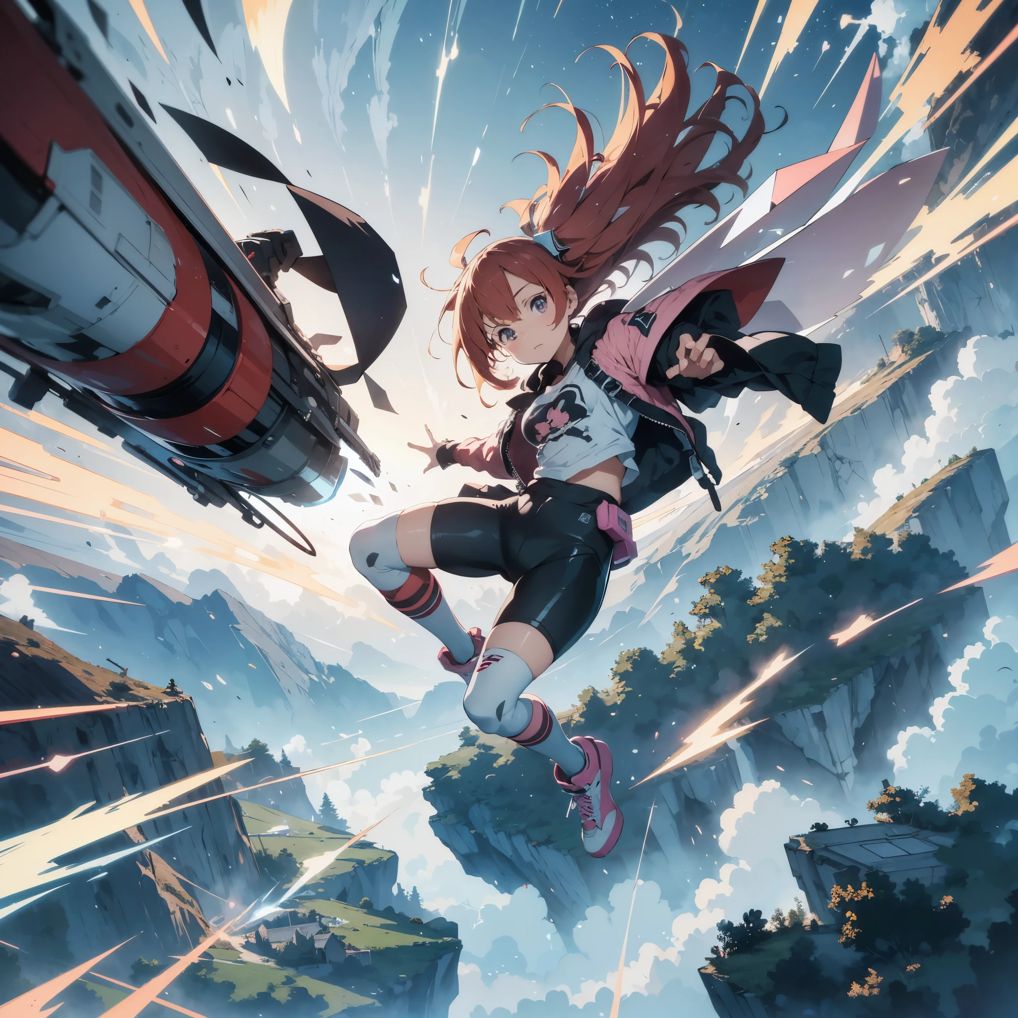 Sci-Fi style anime illustration, atmosphere, rough and intense illustration of Apocalypse Pink-chan, a 20-year-old character, jumping high in the sky on a mecha skateboard. The background depicts a mecha air-surfing high in the sky and a dynamic jump to the sky with elements of breakdancing. The images are dynamic and dynamic angles from below, using thick, exaggerated lines and brush strokes to highlight the accelerated speed and accelerated shockwaves, gravitational pulls,