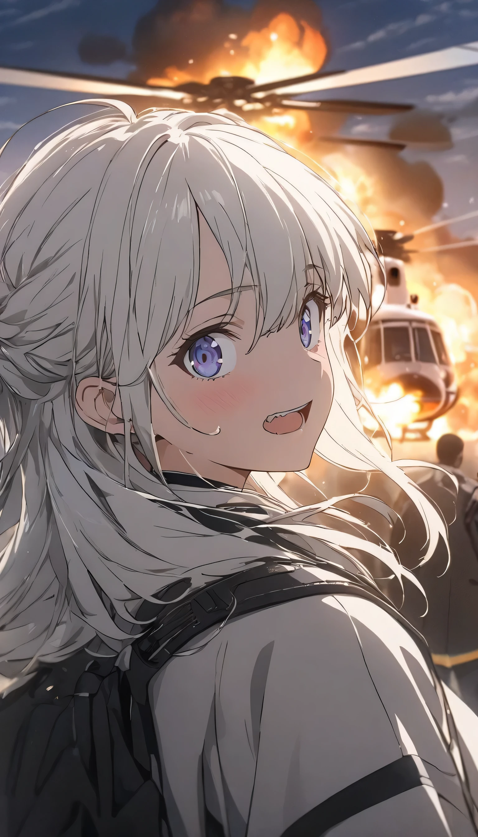 (最high quality、masterpiece、High resolution、detailed), BREAK,anime, 8K, high quality, 1 boy, alone, line drawing, surprised、Helicopter explodes in terrorist attack