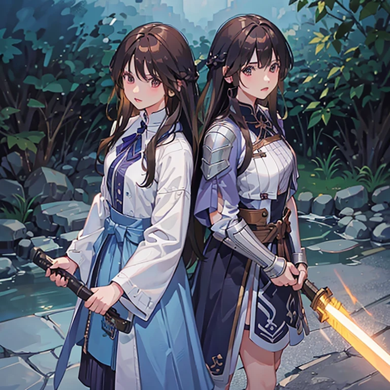 make two friends with warrior armor, the first friend must have armor with blue details, must have long brown hair and use a sword, the second friend must have armor with purple details, have long black braided hair, and must use a sledgehammer