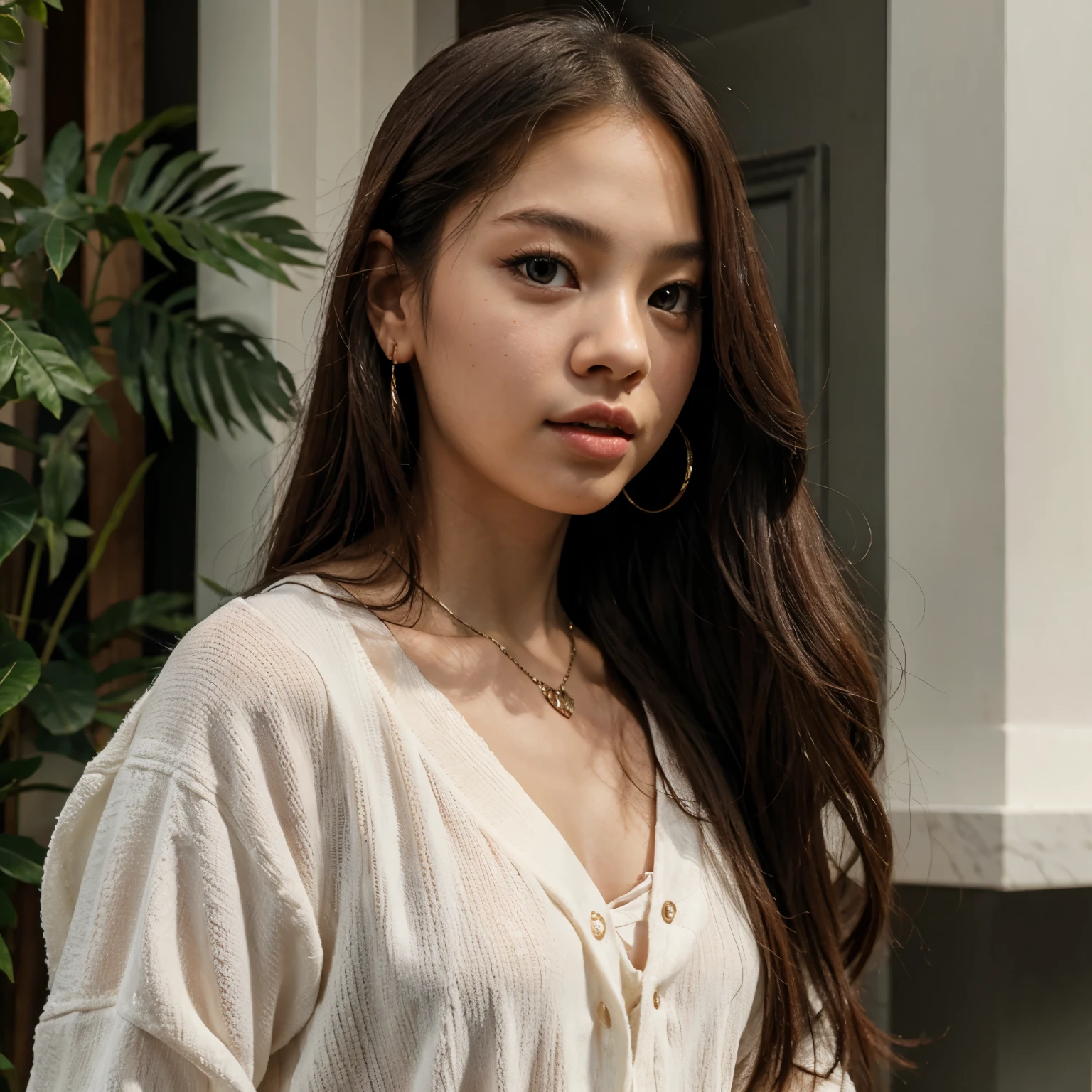 A young 21-year-old woman named Lila Nakamura with a mixed Japanese and American heritage. She has thick dark black eyeliner, glossy lips, and a neutral to slight smile expression. She has straight, black hair with blonde highlights that falls just past her shoulders, styled in a neat and polished manner. Her eyes are almond-shaped with a light hazel color, accentuated by subtle eyeshadow and mascara. Her skin has a light to medium tone with a natural, fresh look, and she has a few delicate freckles across her nose. She is wearing a simple, professional outfit, consisting of a white blouse and dark jeans, and accessorized with small gold hoop earrings. The background is a neutral studio setting with soft lighting to highlight her features.