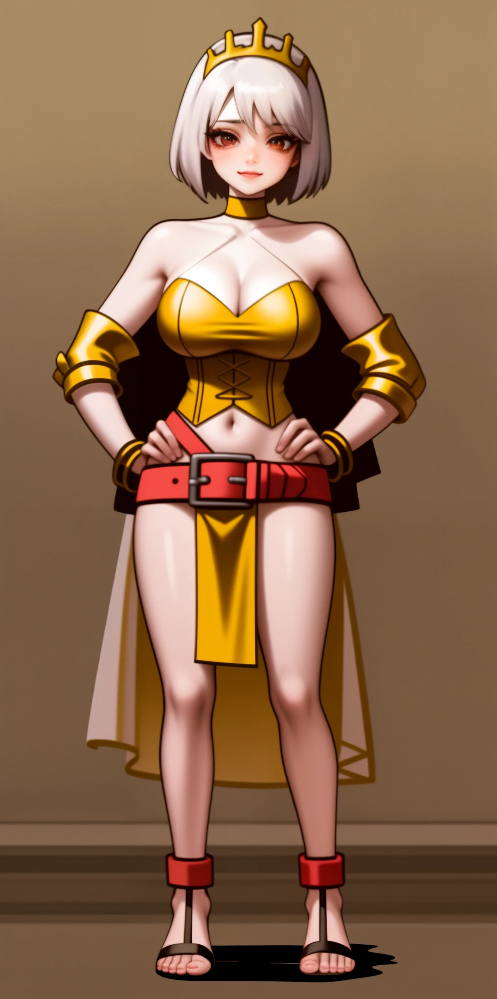 ((BLACK BACKGROUND,1:2, masterpiece)), full body MILF BIMBO standing with two long thighs and two metal sandals, red eyes, silver white hair, short bob style hair, ???????????, cleavage, separate sleeves, tiara royal, long cape up to two feet, yellow ??????, hands on waist, navel, ??????? smirking smiling, smile face (red blushed, red cheeks), metal shoulders, gold sleeveless armbands, black leather choker slave collar, shackle bracelets, ??? slave red crest, pauldrons, breastplate, corset, eye focus, full body, whole body. 1solo . slave fighter, loincloth standing, hands on ????, metal sandals, backpack, choker, big belt, view from below, feet together, bracers, tiara)