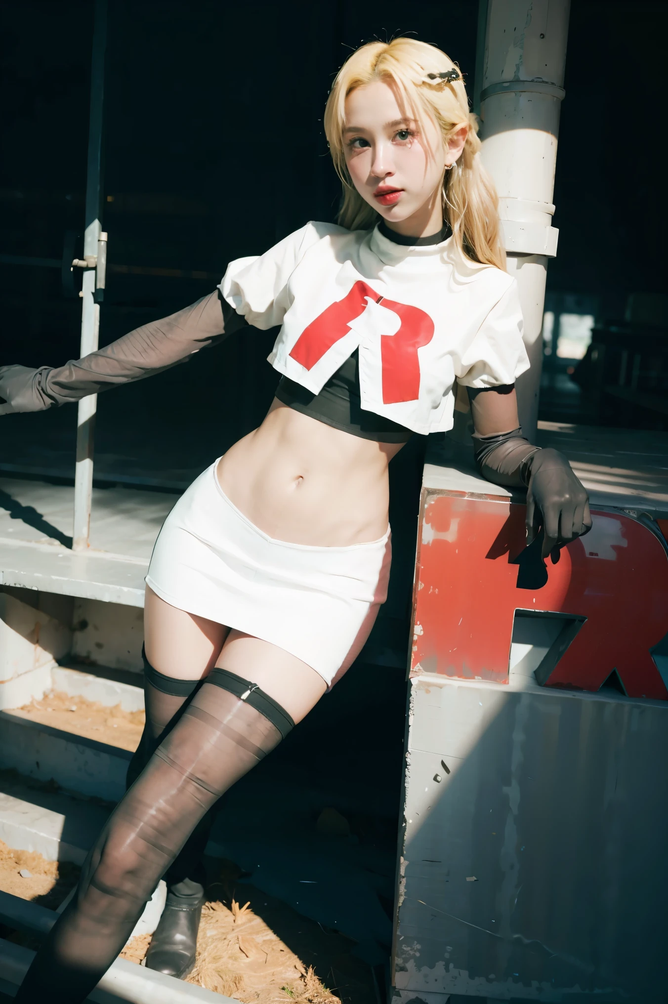 brandygordon, team rocket,team rocket uniform, red letter R, white skirt,white crop top,black thigh-highs, black elbow gloves,