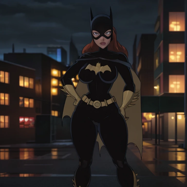 Anime Style, DCAU style, Batgirl, Posing full body, Hand on Hips, looking at viewer smirking, Red Ginger hair, Naked, Big Breasts, Big ass, Blurry night city background,