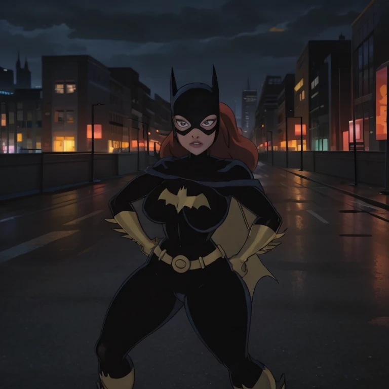 Anime Style, DCAU style, Batgirl, Posing full body, Hand on Hips, looking at viewer smirking, Red Ginger hair, Naked, Big Breasts, Big ass, Blurry night city background,