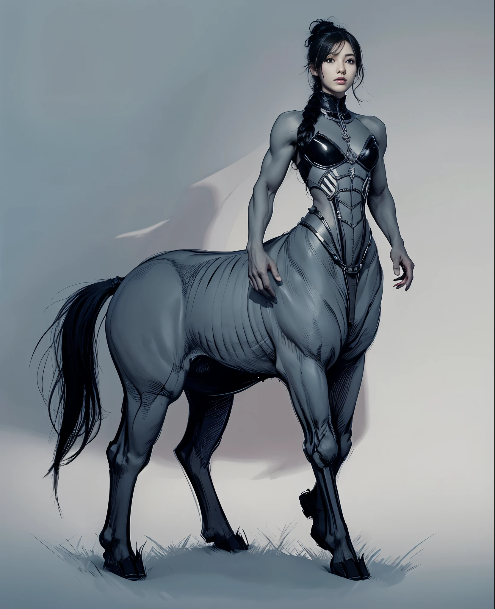 upper body of furry horse female athlete, muscular, medium breasts, (black fur:1.3), (long wavy black hair), blue eyes, (naked), topless, (by hioshiru and kenket and Ruan Jia and Bayard Wu)