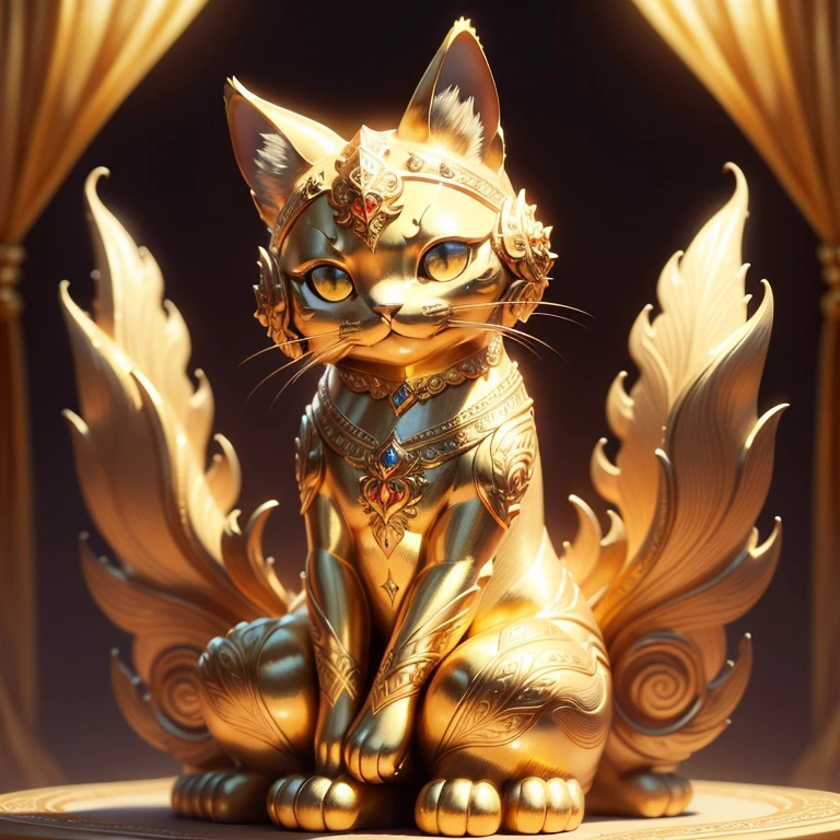 Close-up of an anthropomorphic gold cat statue against a light backdrop, radiating a warm and shining golden aura. Dressed in intricately detailed golden cat armor, this regal feline deity exudes a sense of majesty and divinity. Hailing from The Best of Adobe Stock or Trending with Shutterstock, this god of cats emits a soft, golden glow, adding to its enchanting allure. The golden cat sculpture, a trending favorite among designers and artists, boasts a beautiful shimmering gold color, reflecting the light brilliantly. There's nothing quite as mesmerizing as this ink flower-inspired, happy anthropomorphic female