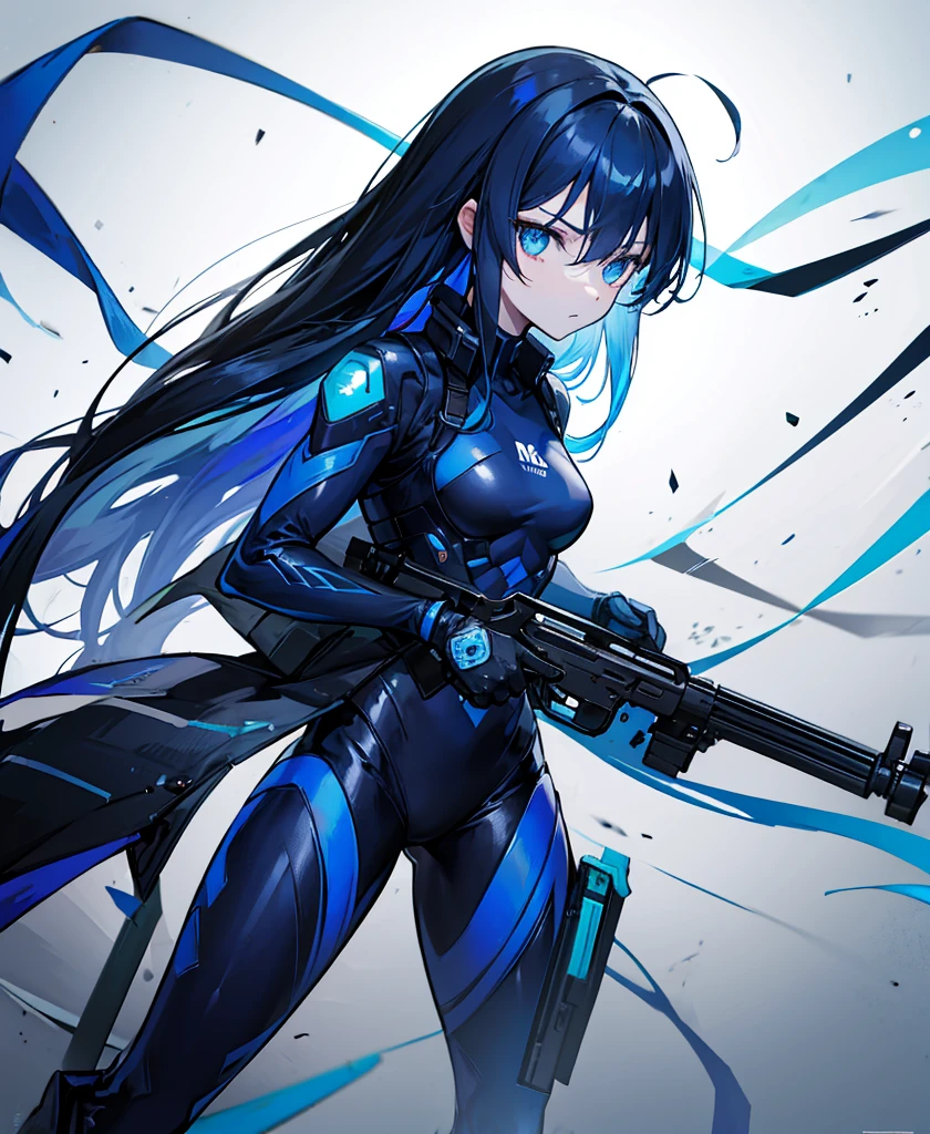 no background,girl,carry a firearm,Enamel-like tight suit,use of firearms,dark blue long hair,attention arousal,blue colored eyes,no gradation