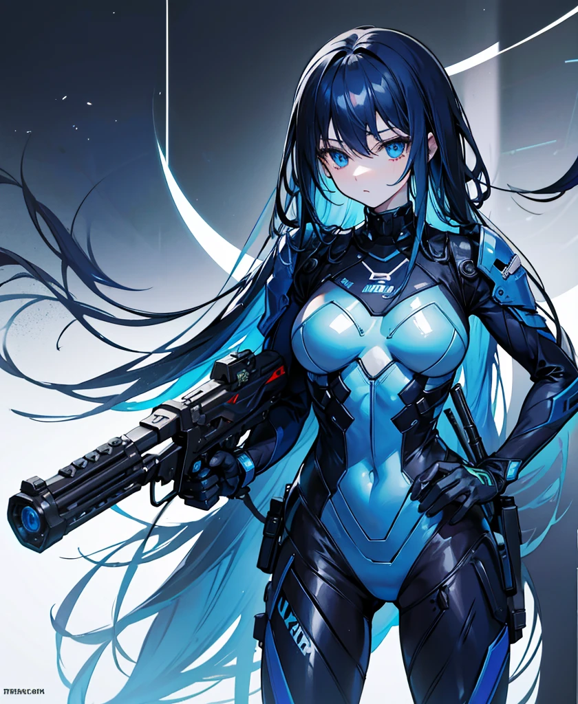 no background，girl，carry a firearm，Enamel-like tight suit，use of firearms，dark blue long hair，attention arousal，blue colored eyes,no gradation