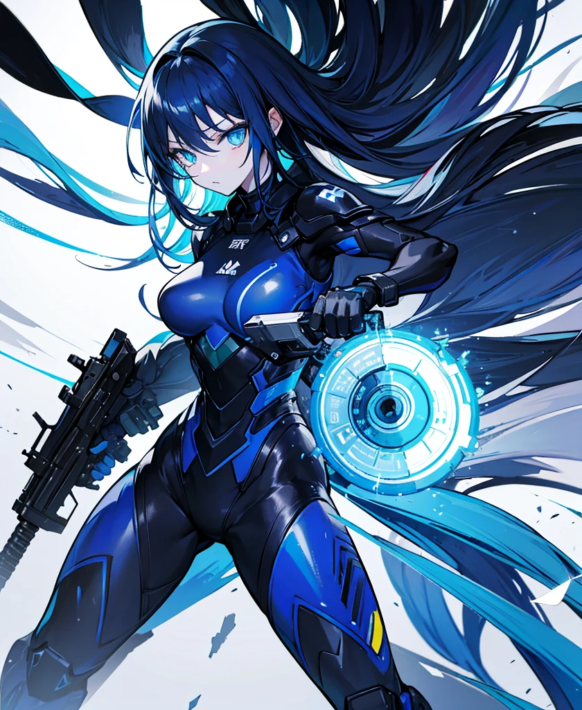 no background,girl,carry a firearm,Enamel-like tight suit,use of firearms,dark blue long hair,attention arousal,blue colored eyes,no gradation