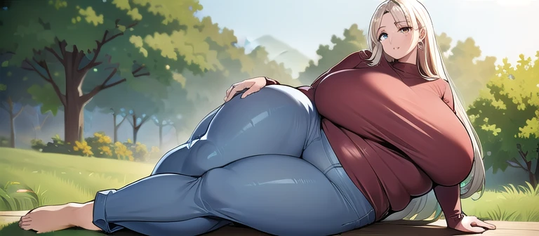 best quality,masterpiece,1girl,outdoors,sweater,jeans,gigantic breasts,muscular,plump,muchimuchi