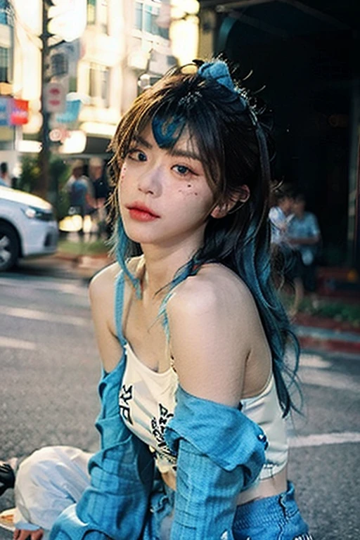Blue hair Best anamorphic lens photography 50mm lens Close-up of a woman with freckles。In the background, the morning sun shines on her hair.、background is blurry。Hip-hop fashion。fashionable。NIKE sneakers