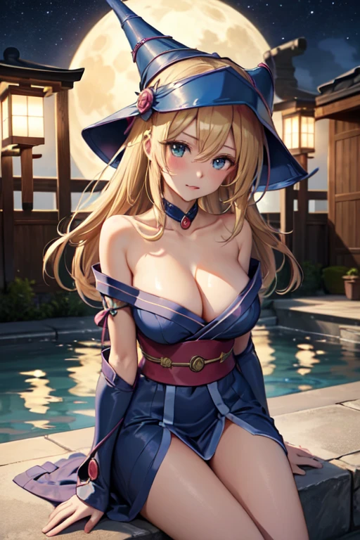 master piece,best quality,ultra detailed,8k,
ambient light,realistic skin,glossy skin,
（dark magician girl, duel monster, blush stickers, blonde hair, green eyes, long hair, breasts, blush, bangs, large breasts, hair between eyes, pentacle, pentagram, hat, dress, cleavage, bare shoulders, collarbone, choker, blue headwear, wizard hat, bracer, detached sleeves;）、（naked towel）、（lie face down：1.3）、（the body is very wet：1.5）、yukata、glossy lips、Slightly emphasize the lower lip、blush、emphasizing the cleavage、
fantastic night sky、full moon、aurora、horizon、open-air bath、Japanese inn