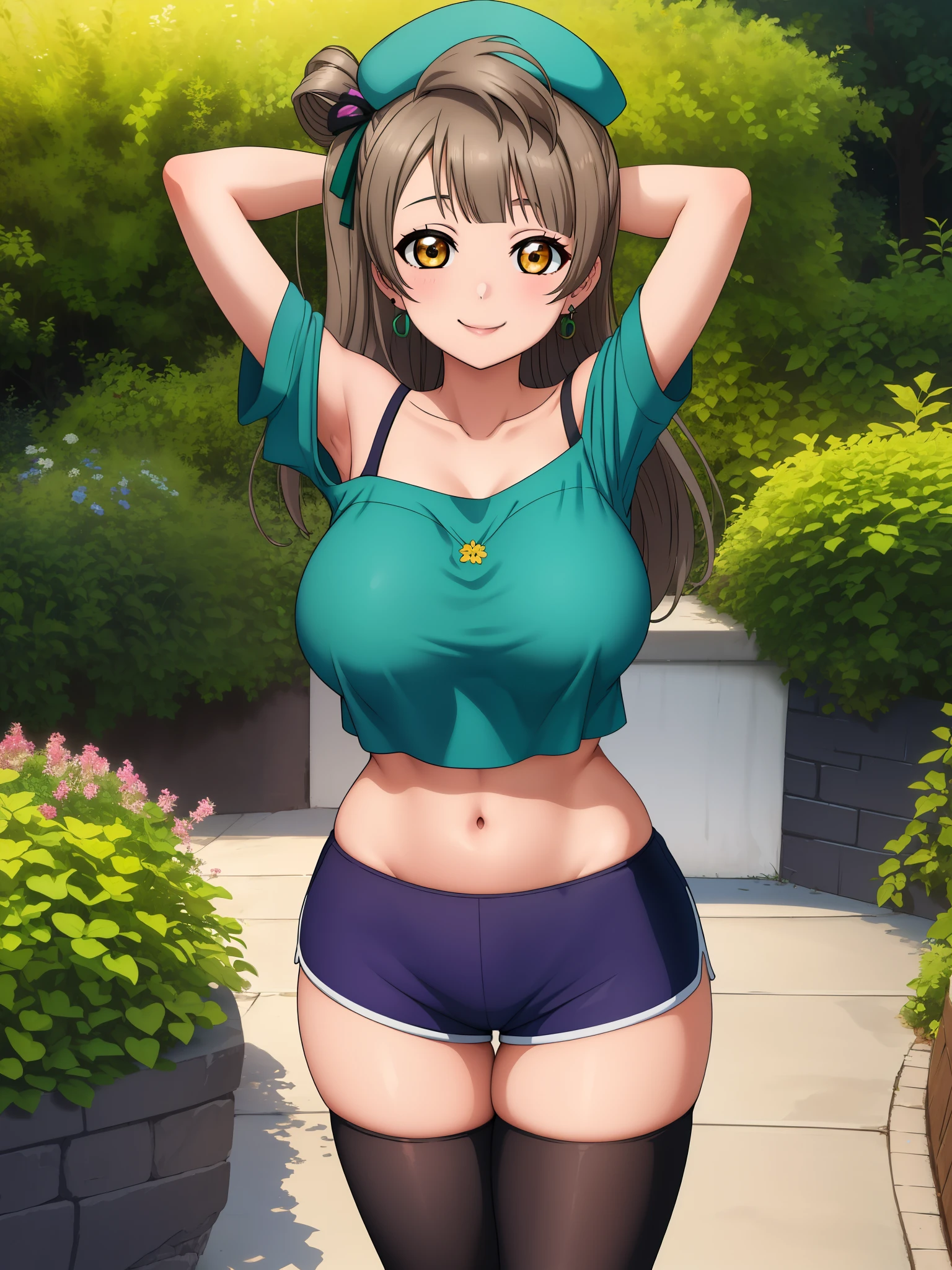 Masterpiece, best quality,solo, (detailed face), minami kotori, curvy body, big breasts, sexy smile ,(yoga short shorts:1.2),earrings, off shoulder crop top, standing,in garden,cap,looking at viewer, cowboy shot, thighs, thighhighs, arms up, arms behind head 