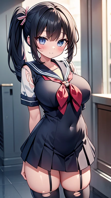 highest quality,wonderful,finely,Highly detailed CG Unity 8K wallpaper, (1 girl, black hair, side ponytail),(torn clothes:1.5),(huge breasts:1.1),(sailor suit:1.3), (zettai ryouiki:1.4)