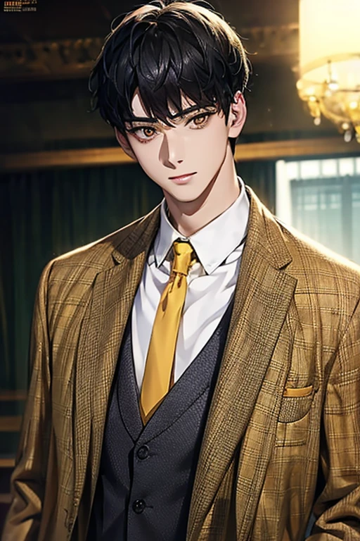 masterpiece, masterpiece_portrait, distinct, distinct_image, high_resolution, highres, high_quality_anime, high_quality, hyper_detail, finely_detailed,4K, men, ChaEunWu, a man in a suit, yellow suit,