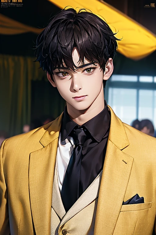 masterpiece, masterpiece_portrait, distinct, distinct_image, high_resolution, highres, high_quality_anime, high_quality, hyper_detail, finely_detailed,4K, men, ChaEunWu, a man in a suit, yellow suit,