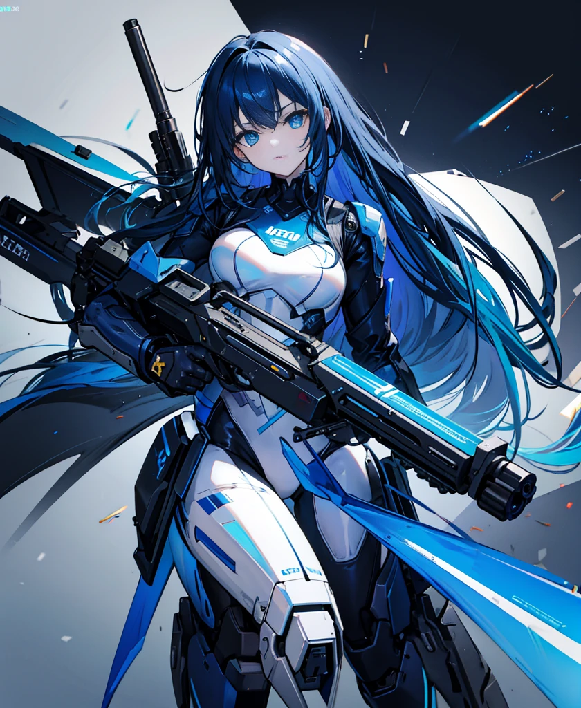 no background,girl,carry a firearm,Enamel-like tight suit,use of firearms,dark blue long hair,attention arousal,blue colored eyes,no gradation
