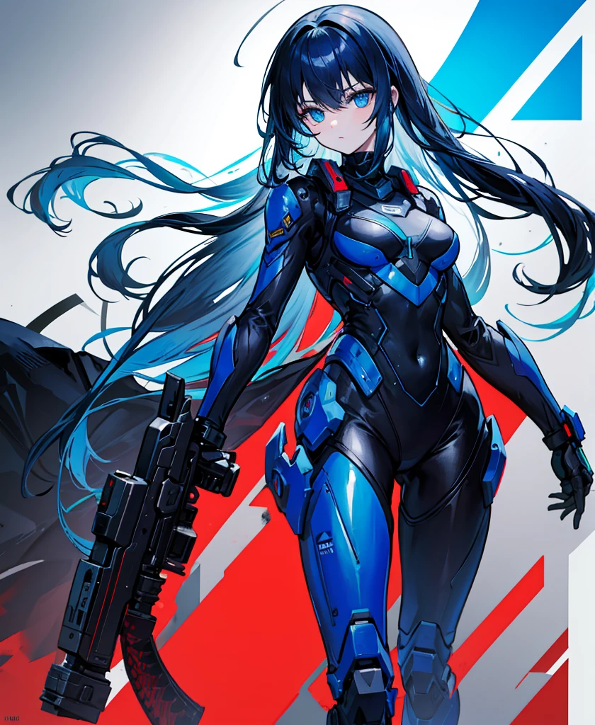 no background，girl，carry a firearm，Enamel-like tight suit，use of firearms，dark blue long hair，attention arousal，blue colored eyes,no gradation