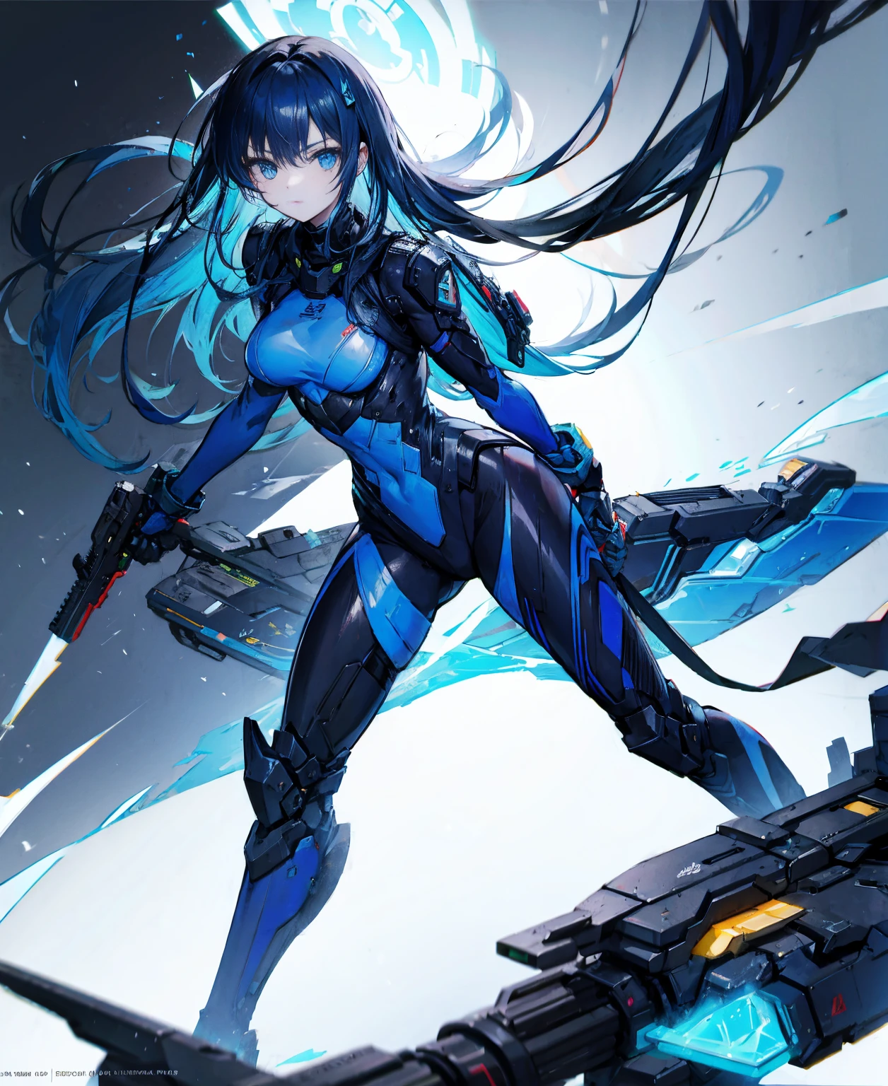 no background,girl,carry a firearm,Enamel-like tight suit,use of firearms,dark blue long hair,attention arousal,blue colored eyes,no gradation