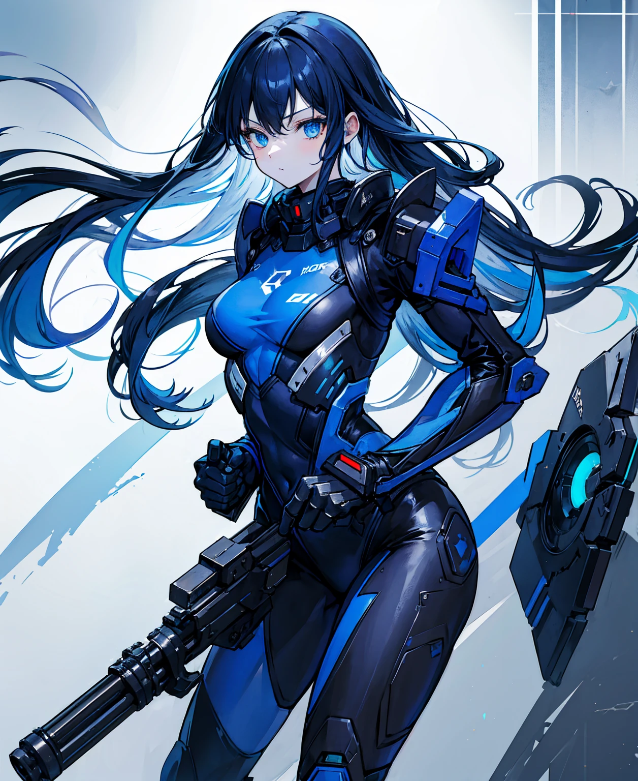 no background,girl,carry a firearm,Enamel-like tight suit,use of firearms,dark blue long hair,attention arousal,blue colored eyes,no gradation