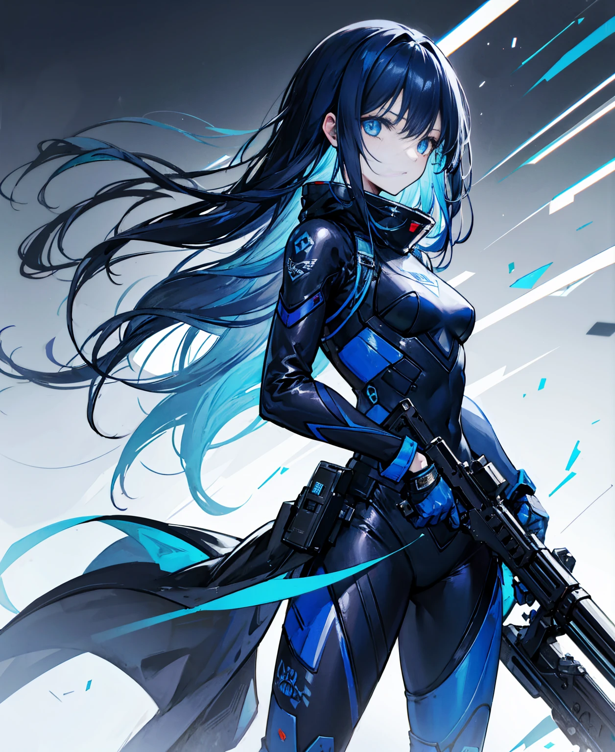 no background,girl,carry a firearm,Enamel-like tight suit,use of firearms,dark blue long hair,attention arousal,blue colored eyes,no gradation