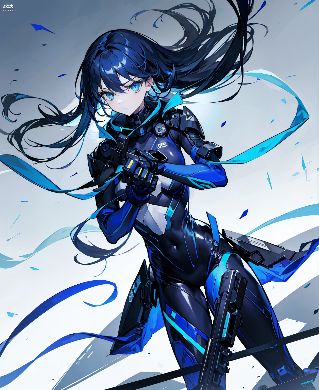 no background,girl,carry a firearm,Enamel-like tight suit,use of firearms,dark blue long hair,attention arousal,blue colored eyes,no gradation