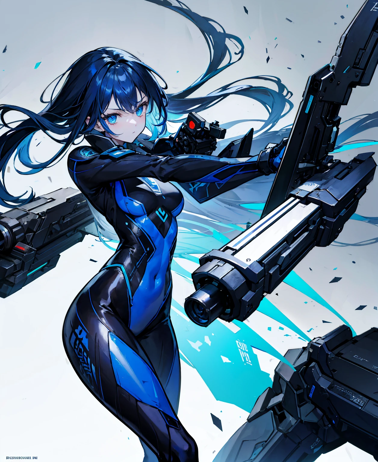 no background，girl，carry a firearm，Enamel-like tight suit，use of firearms，dark blue long hair，attention arousal，blue colored eyes,no gradation